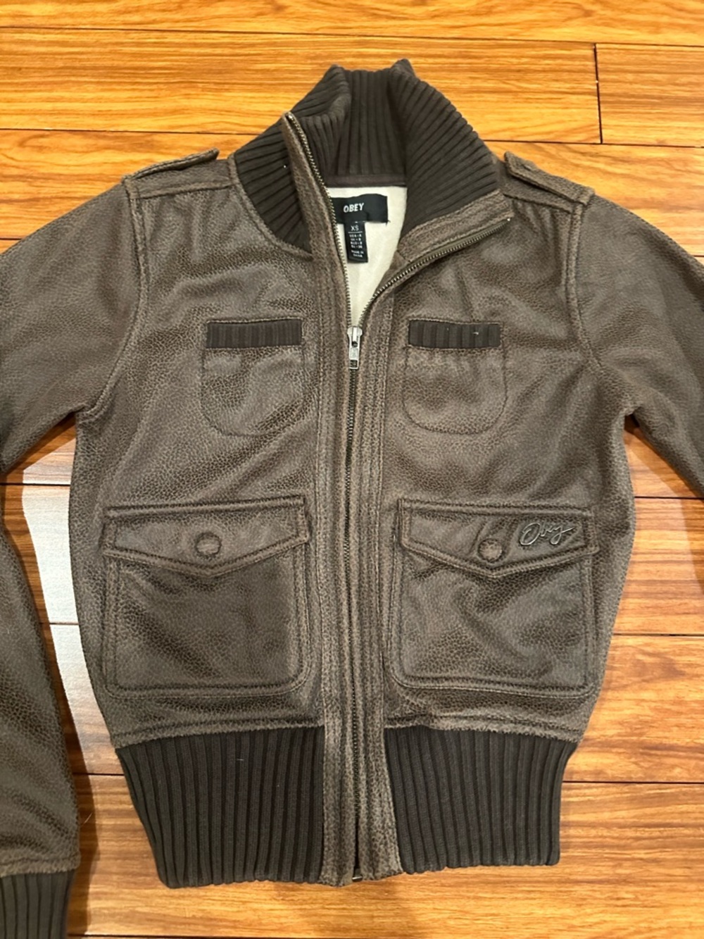 Obey Brown Ribbed Collar Zip Jacket